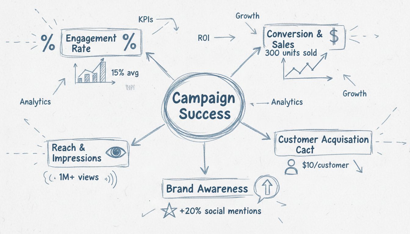 Schema delle metriche di successo di una campagna con micro-influencer che mostra tasso di engagement, conversioni e vendite, reach e impression, costo di acquisizione cliente e brand awareness