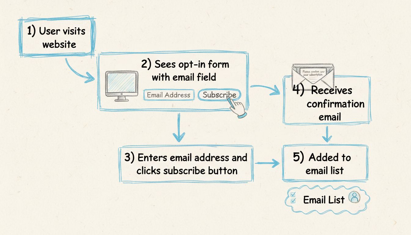 Diagramma del flusso email opt-in che mostra 5 passaggi dalla visita al sito all'iscrizione alla lista email