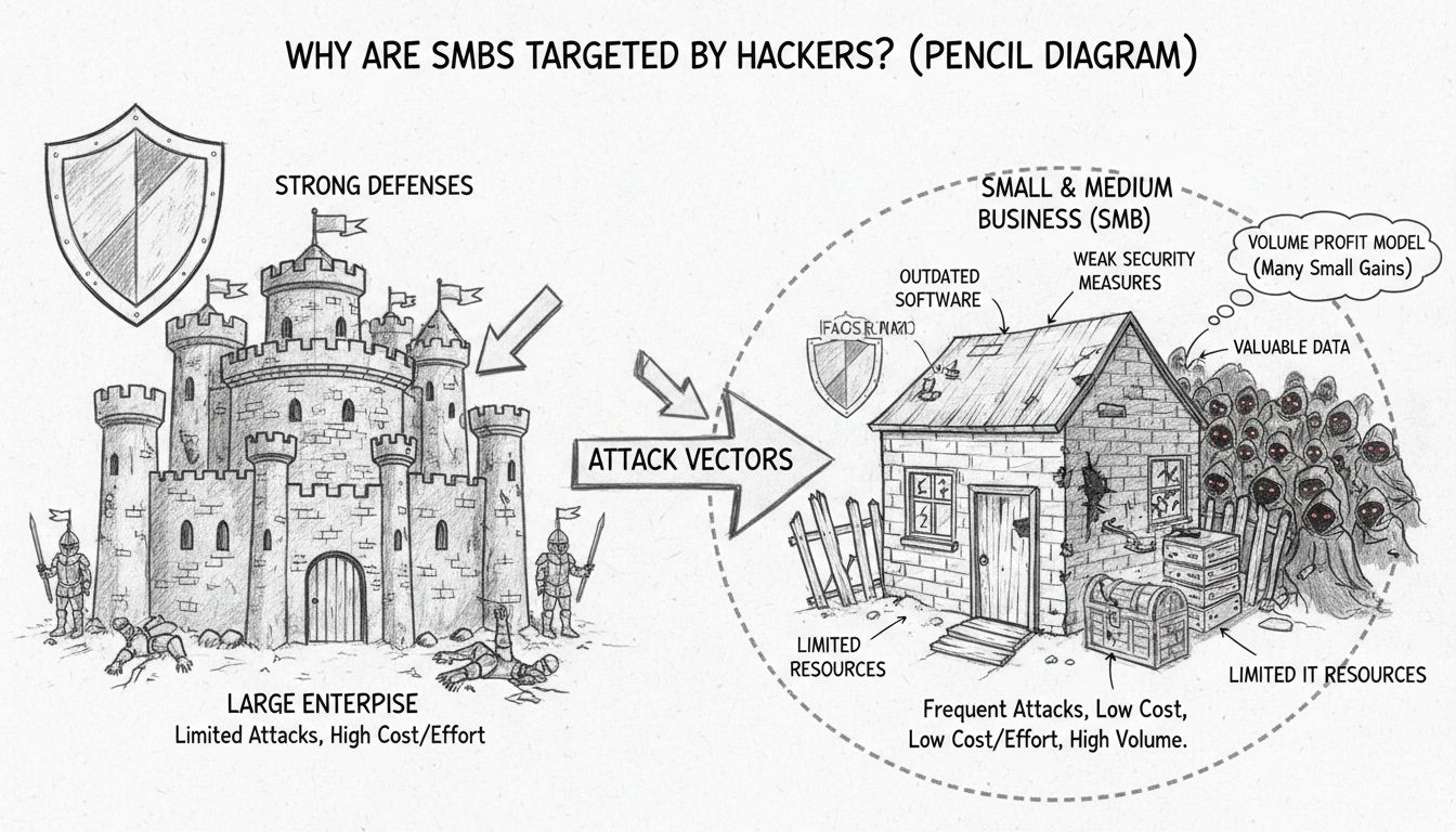 Diagramma disegnato a mano che mostra perché le PMI sono prese di mira dagli hacker, confrontando la fortezza enterprise con le deboli difese delle PMI, includendo elementi etichettati come risorse IT limitate, software obsoleti, misure di sicurezza deboli, dati di valore, punti di ingresso facili e modello di profitto su volume