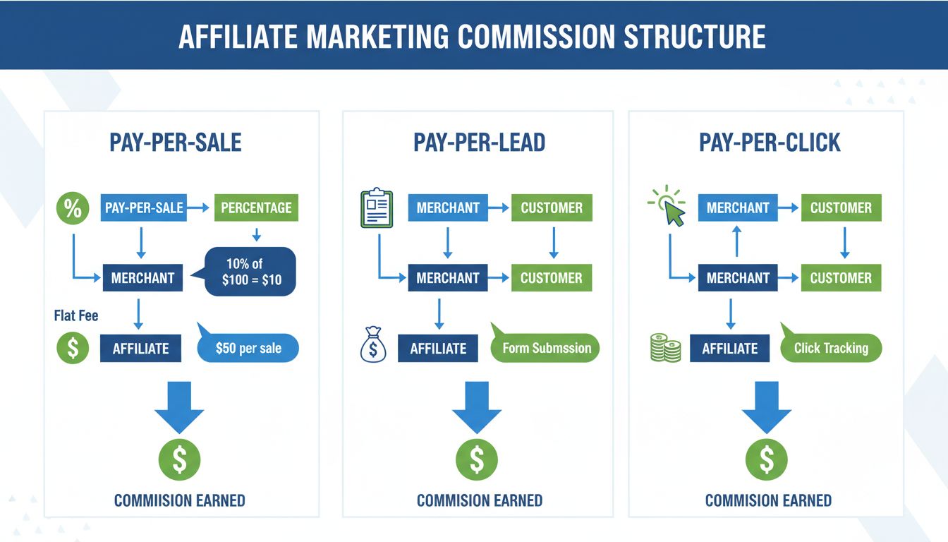 Infografica sulla struttura delle commissioni nel marketing di affiliazione che mostra i modelli Pay-Per-Sale, Pay-Per-Lead e Pay-Per-Click con esempi di calcolo