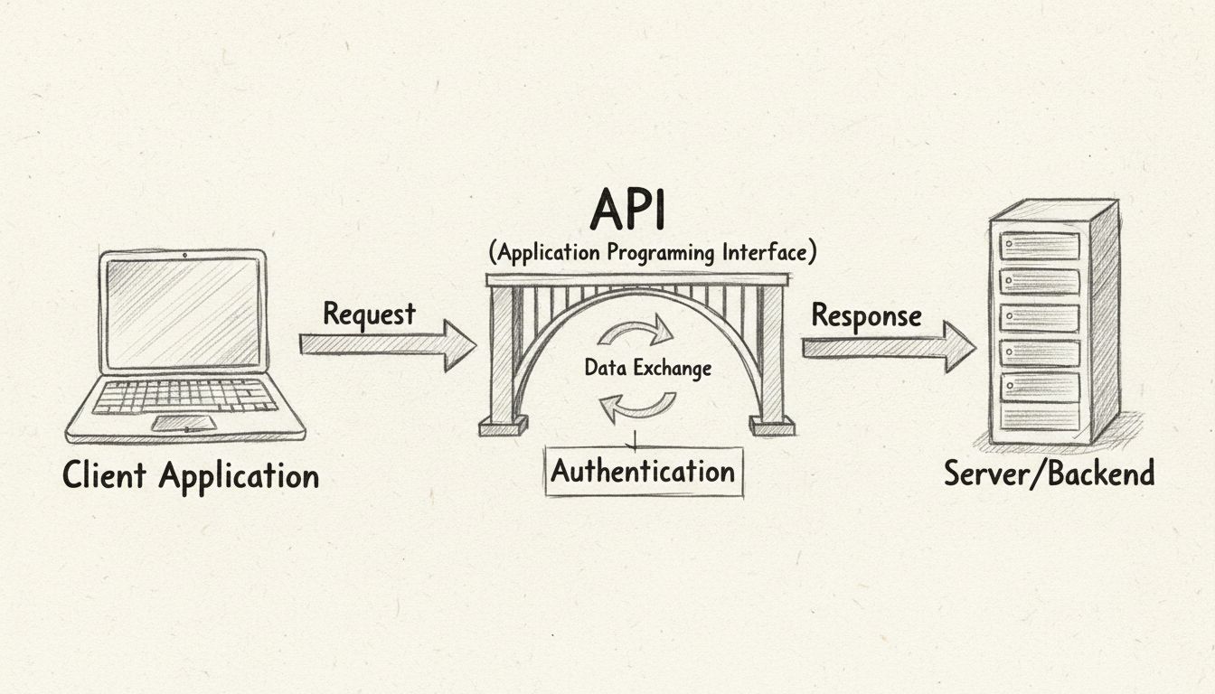 Diagramma disegnato a mano che mostra il flusso di comunicazione API tra applicazione client, ponte API e server con frecce di richiesta e risposta