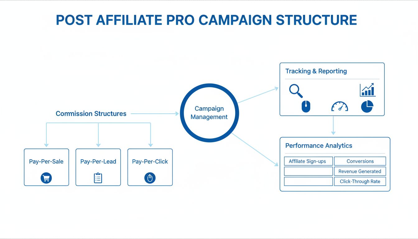 Diagramma della struttura di una campagna in Post Affiliate Pro che mostra tipi di commissione, tracciamento e reportistica