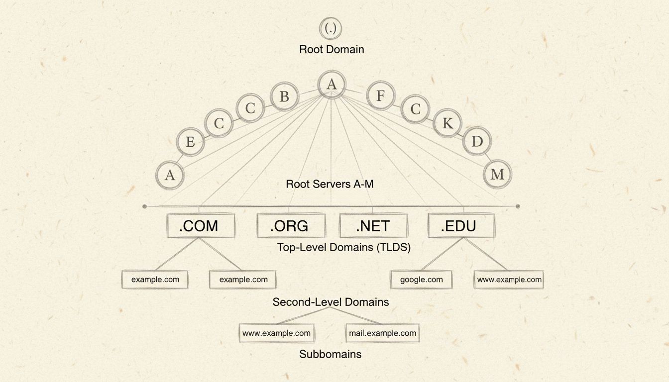 Struttura della gerarchia DNS che mostra il dominio root, 13 root server, TLD, domini di secondo livello e sottodomini in una struttura ad albero
