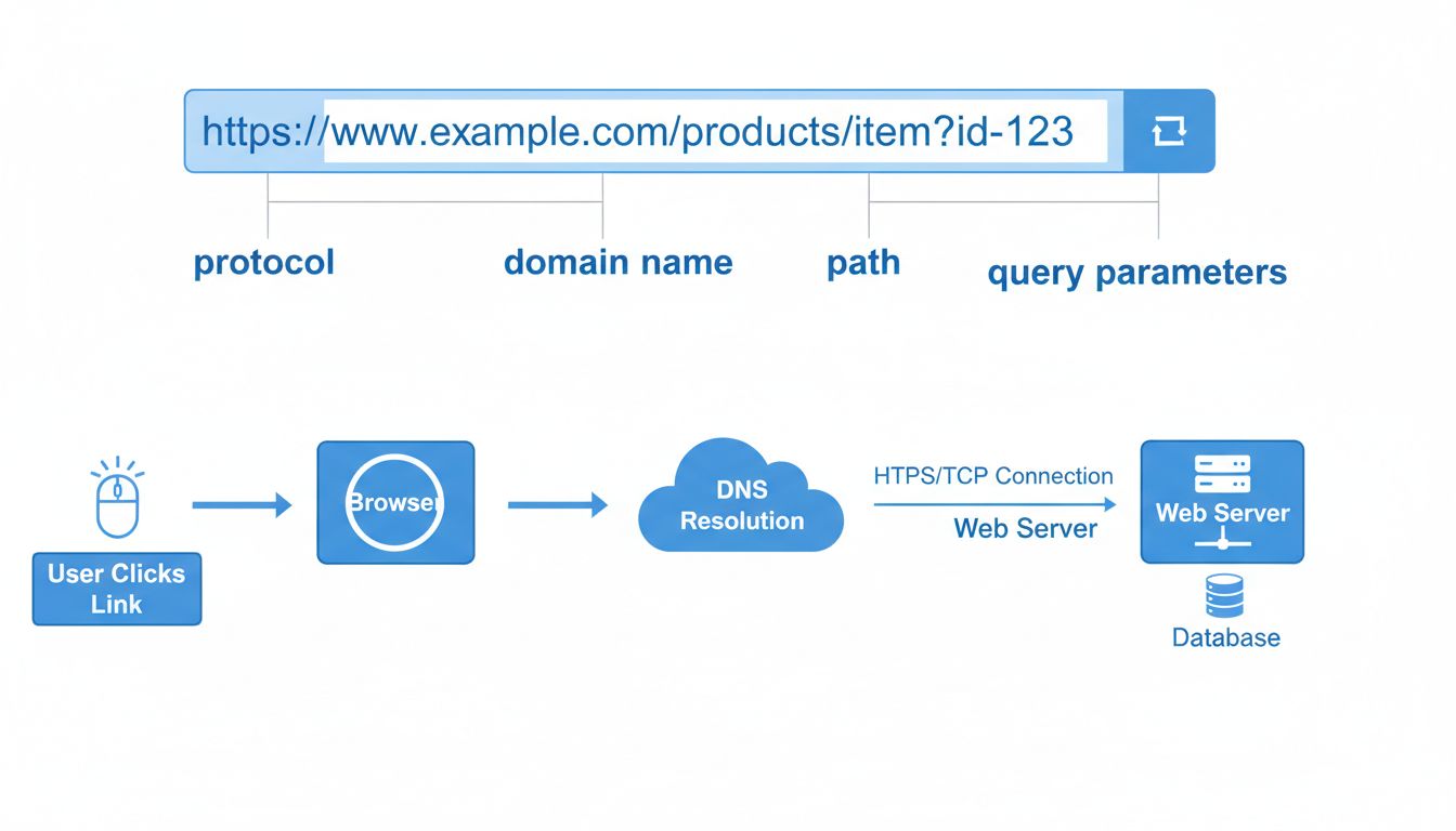 Diagramma della struttura di un URL che mostra protocollo, dominio, percorso e componenti dei parametri