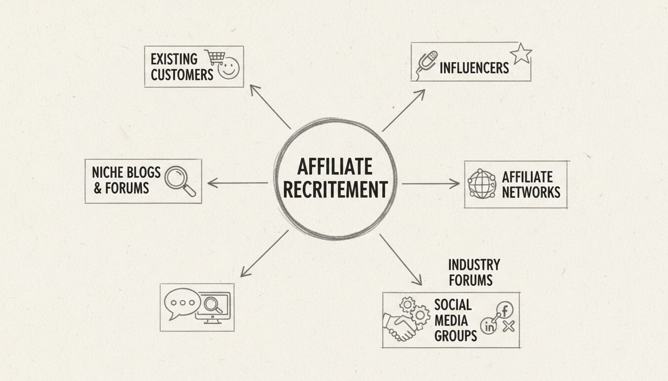 Diagramma dei canali di reclutamento affiliati che mostra clienti esistenti, blog di nicchia, network di affiliazione, social media e forum di settore