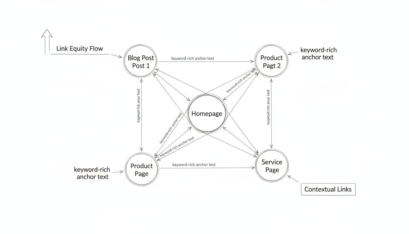 Schema di strategia di linking interno che mostra il sito come un hub collegato a più pagine tramite anchor text ricchi di parole chiave e flusso di link equity