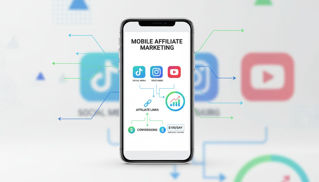 Flusso di lavoro per affiliate marketing mobile con dashboard smartphone, integrazione social media e tracciamento guadagni