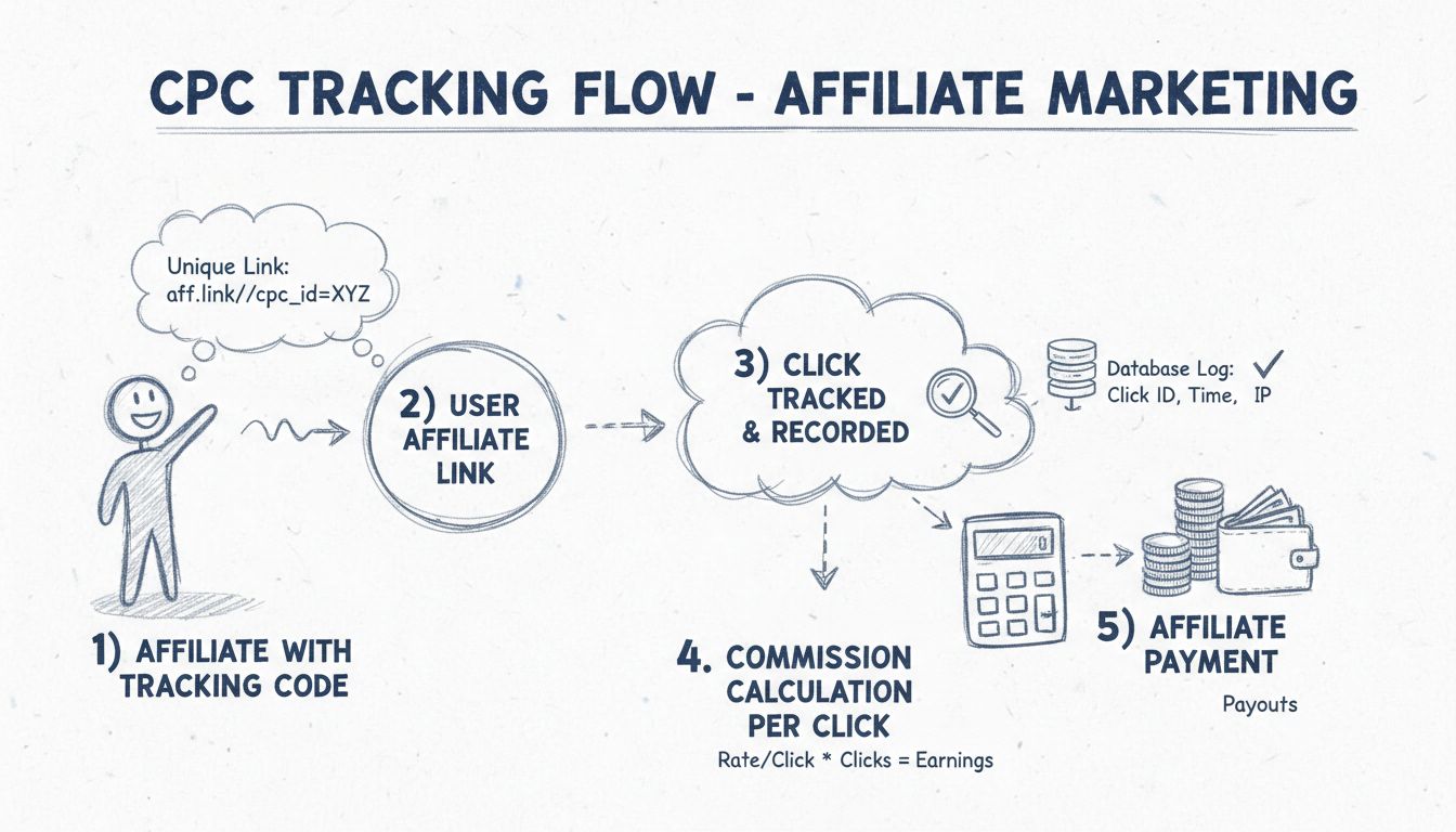 Diagramma del flusso di monitoraggio CPC che mostra link affiliato, tracciamento click e processo di calcolo commissioni