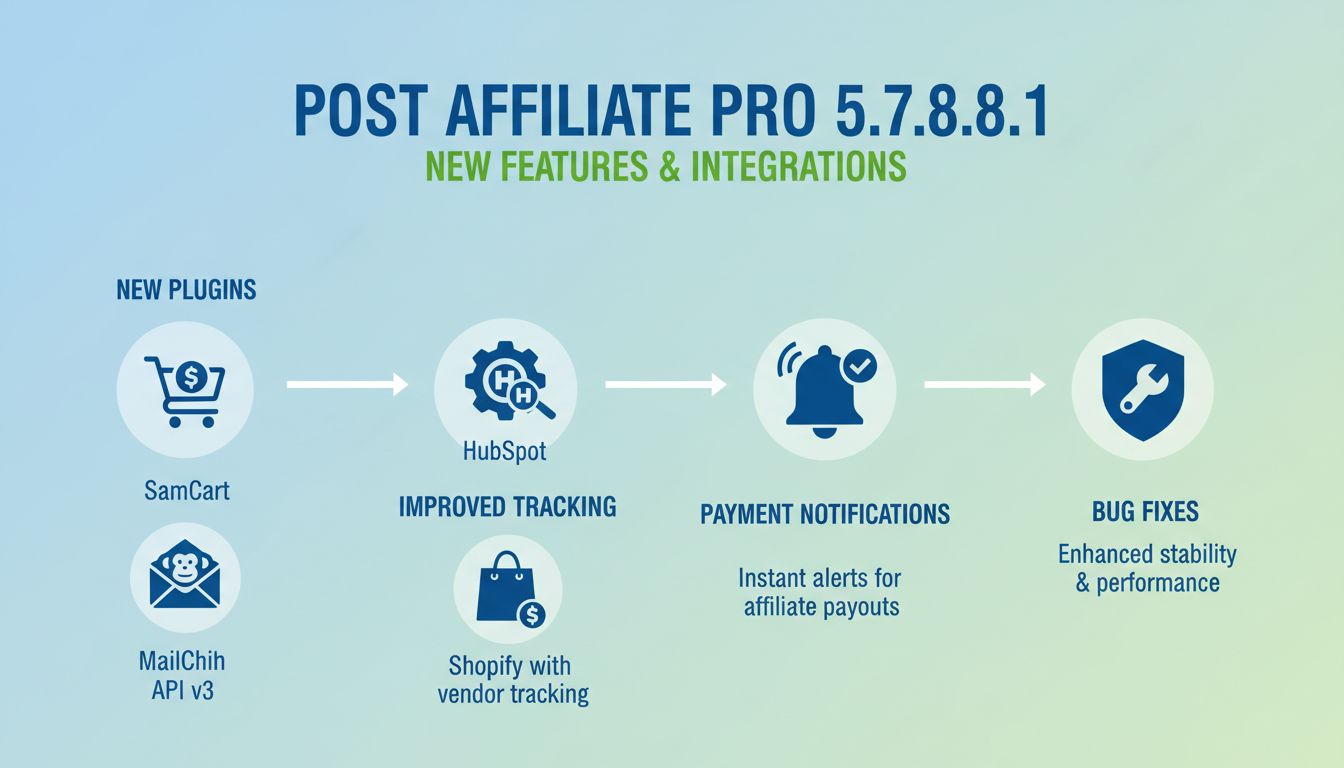 Infografica delle nuove funzionalità di Post Affiliate Pro 5.7.8.1 che mostra integrazioni con SamCart, MailChimp API v3, HubSpot, Shopify e notifiche di pagamento