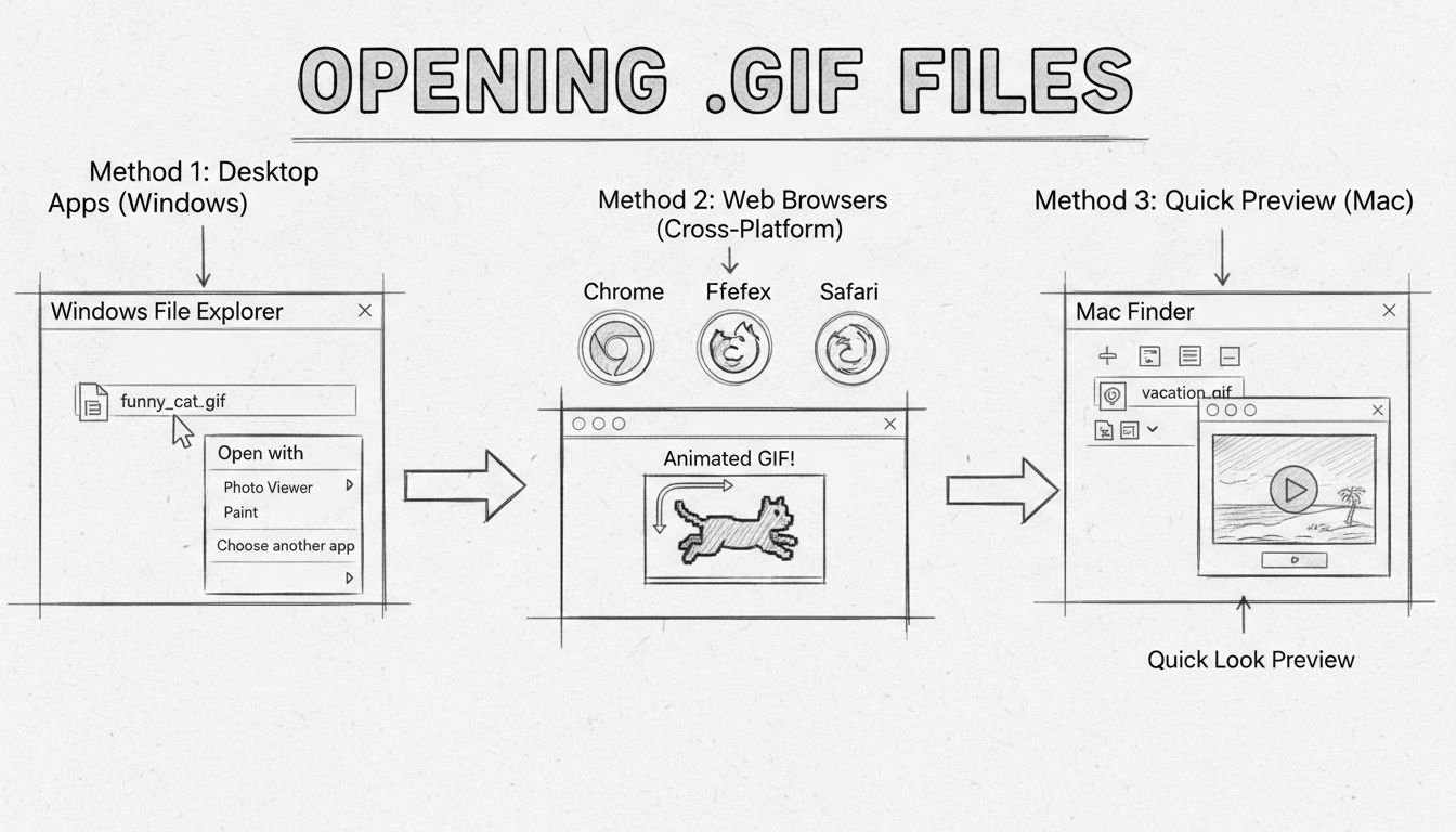 Diagramma disegnato a mano che mostra diversi metodi per aprire file GIF su Windows, Mac e browser web con passaggi e frecce etichettati