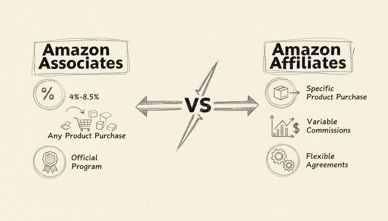 Diagramma comparativo disegnato a mano tra Amazon Associates e Amazon Affiliates che mostra le strutture di commissione e le modalità di guadagno