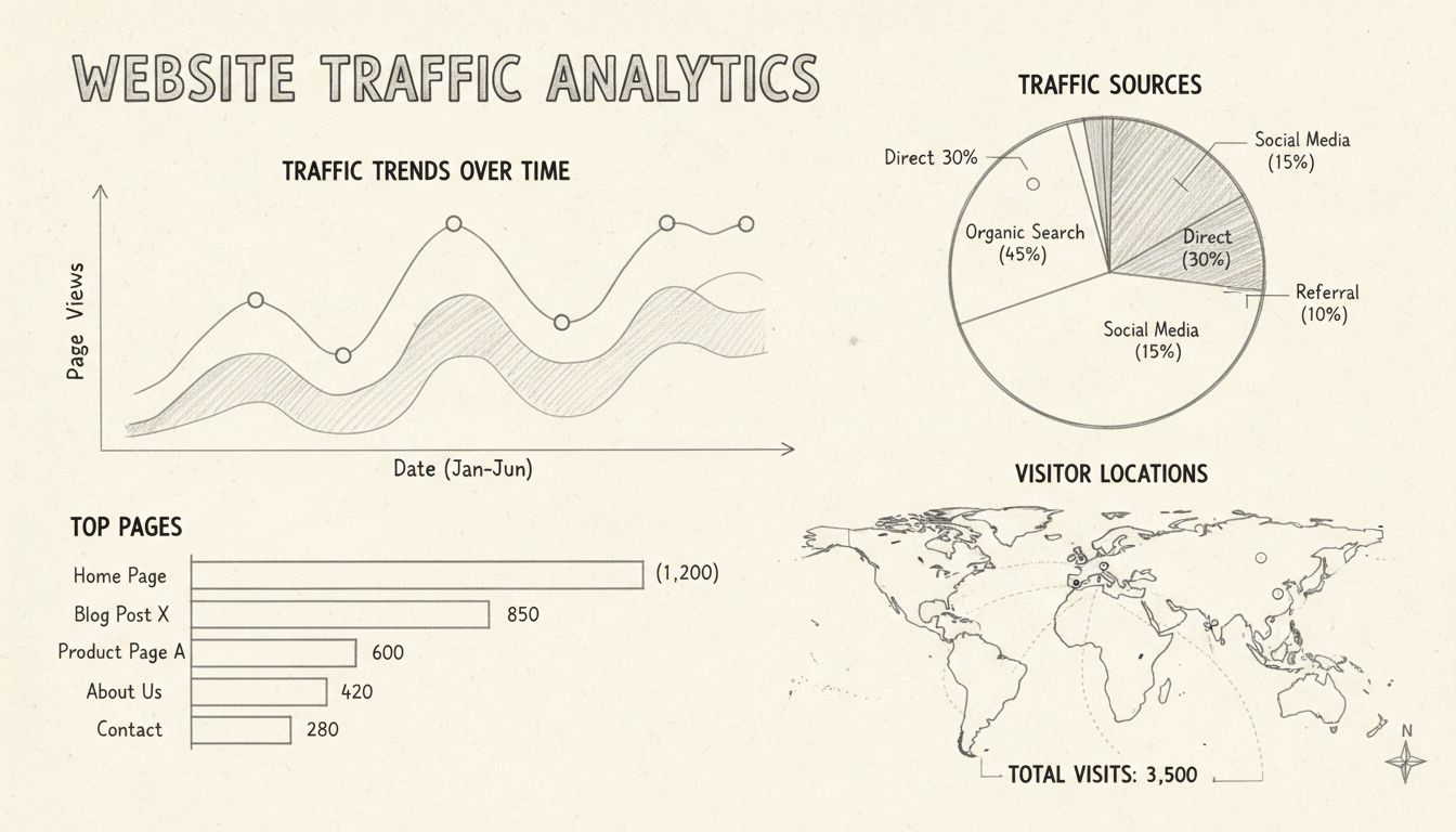 Cruscotto di analisi del traffico web con grafici a linee, grafici a torta, istogrammi e mappa del mondo con la posizione dei visitatori
