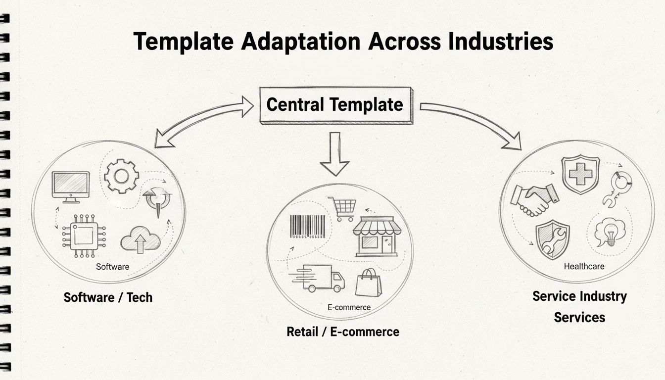 Disegno a mano che mostra l'adattamento dei template nei diversi settori, tra cui software, retail, servizi, e-commerce e sanità