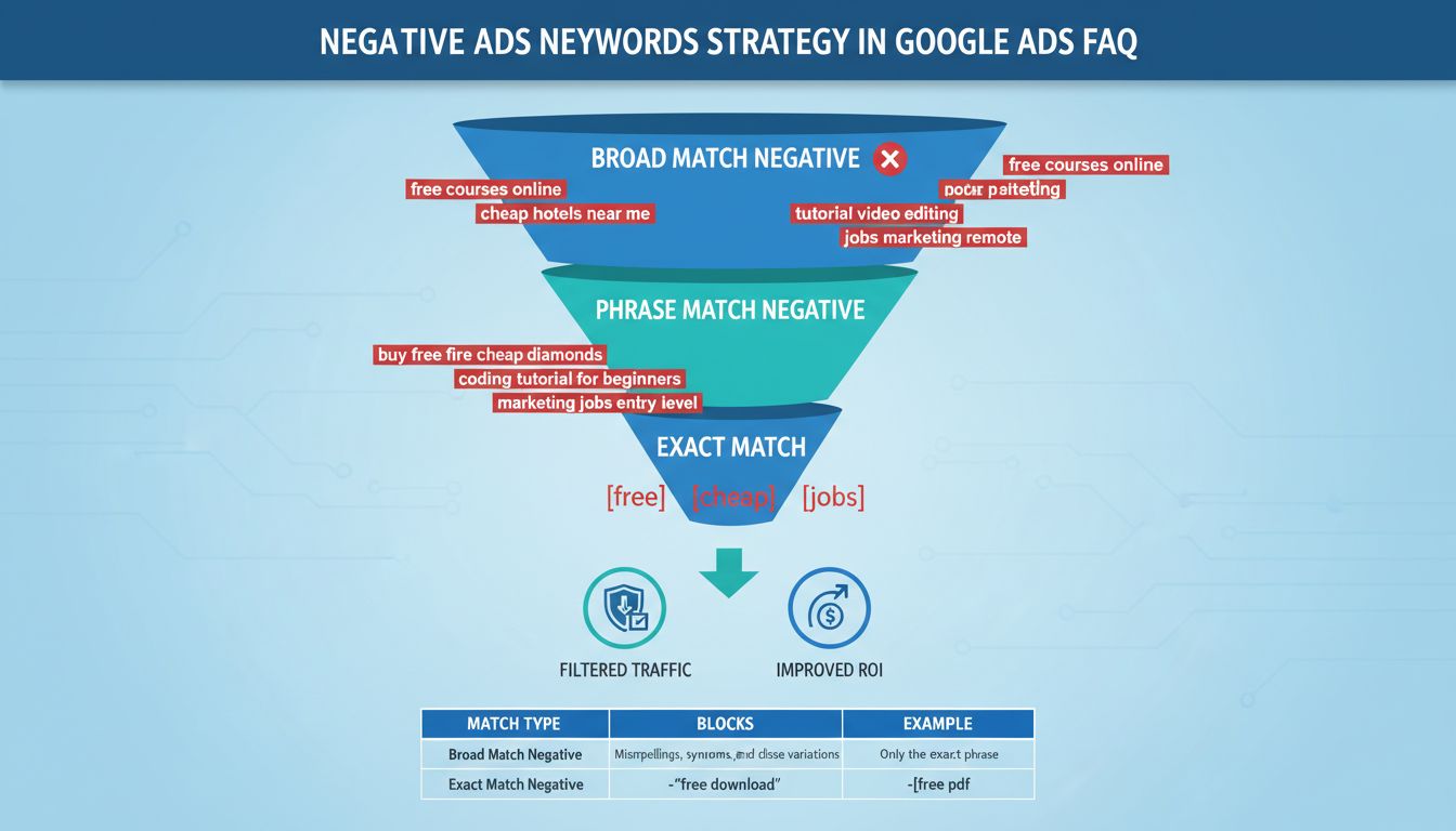 Infografica strategica sulle parole chiave negative che mostra i filtri per corrispondenza generica, a frase e esatta con esempi di termini di ricerca bloccati