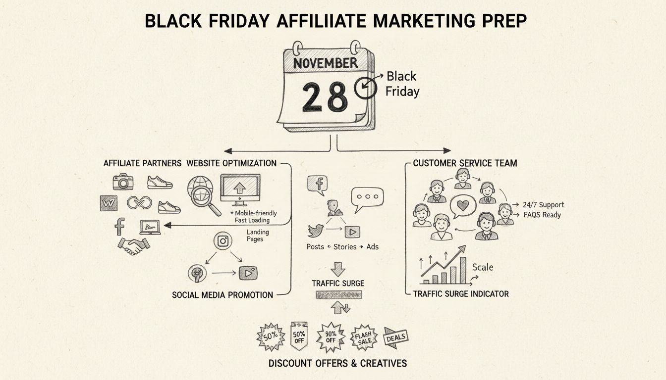 Checklist preparazione affiliate marketing Black Friday con calendario, partner affiliati, ottimizzazione sito, promozione social, servizio clienti e indicatori di traffico