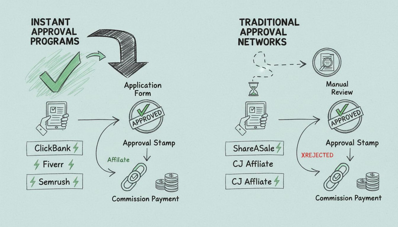 Diagramma del flusso del processo di approvazione nel marketing di affiliazione: confronto tra approvazione istantanea e tradizionale
