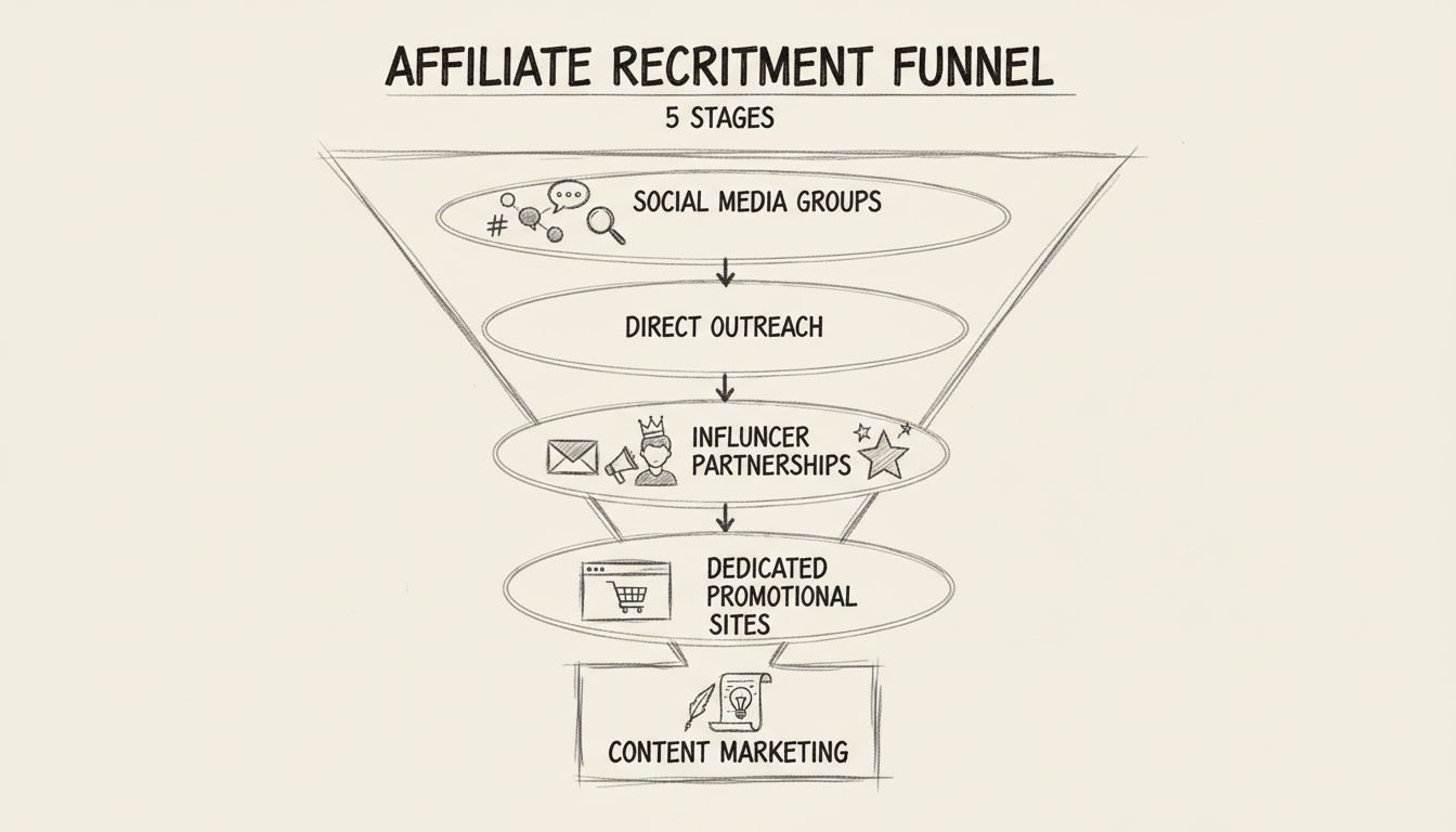 Diagramma del funnel di reclutamento affiliati che mostra cinque fasi: Gruppi Social, Contatto Diretto, Partnership con Influencer, Siti Promozionali Dedicati e Content Marketing