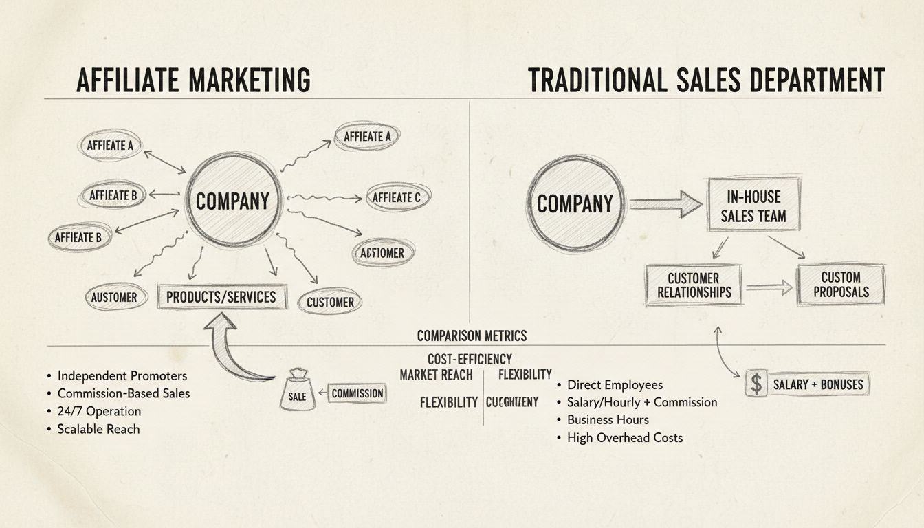 Diagramma comparativo tra marketing di affiliazione e reparto vendite tradizionale, che mostra le principali differenze in struttura, costi e capacità