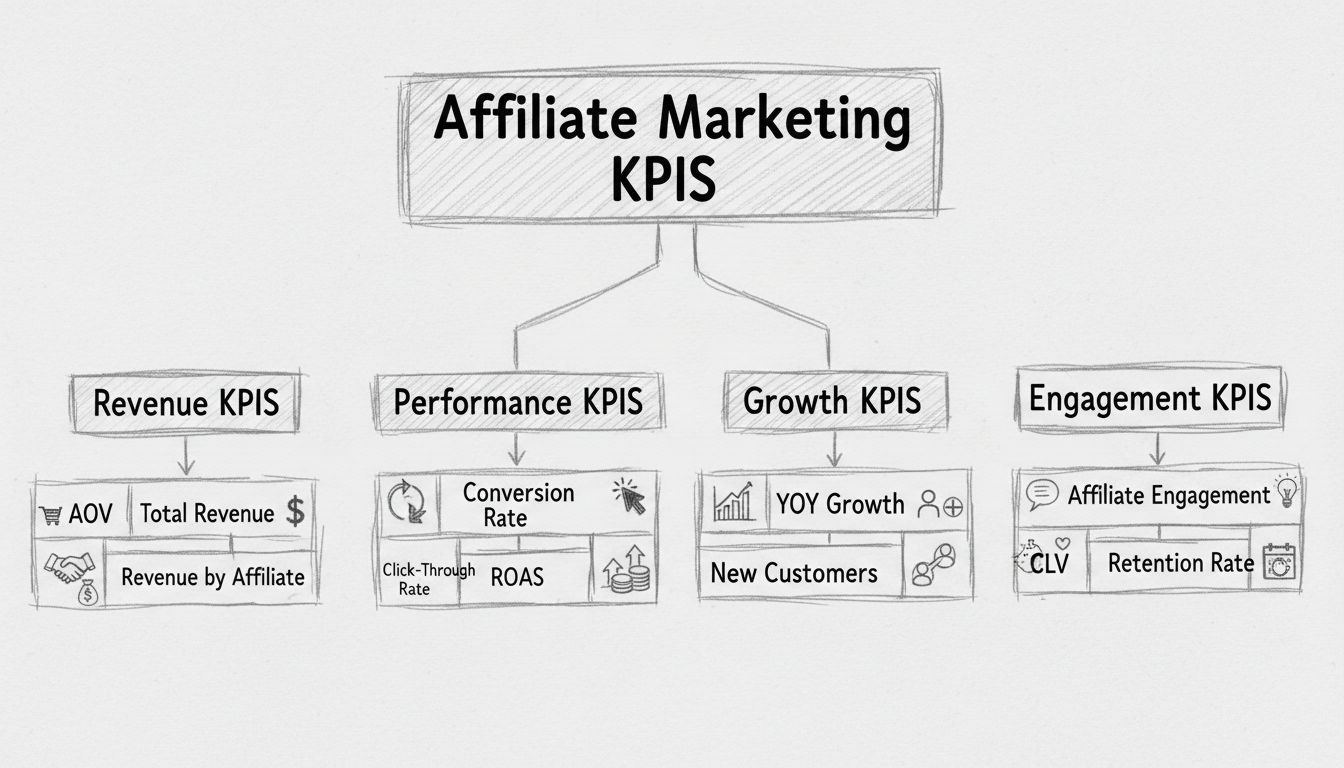 Diagramma della gerarchia dei KPI nel marketing di affiliazione che mostra Ricavi, Performance, Crescita e Engagement