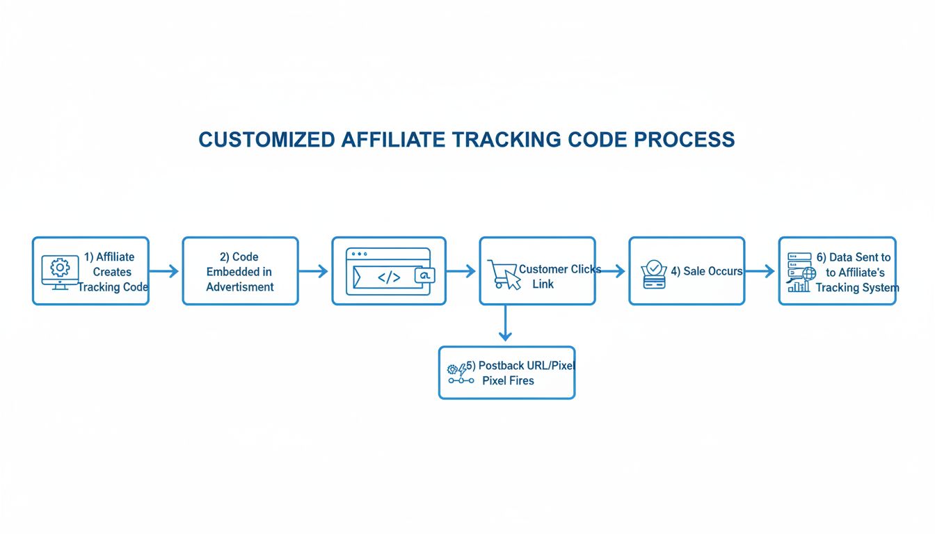 Diagramma del flusso dei codici di tracciamento affiliato personalizzati che mostra come vengono creati, incorporati negli annunci e attivati al verificarsi di una vendita