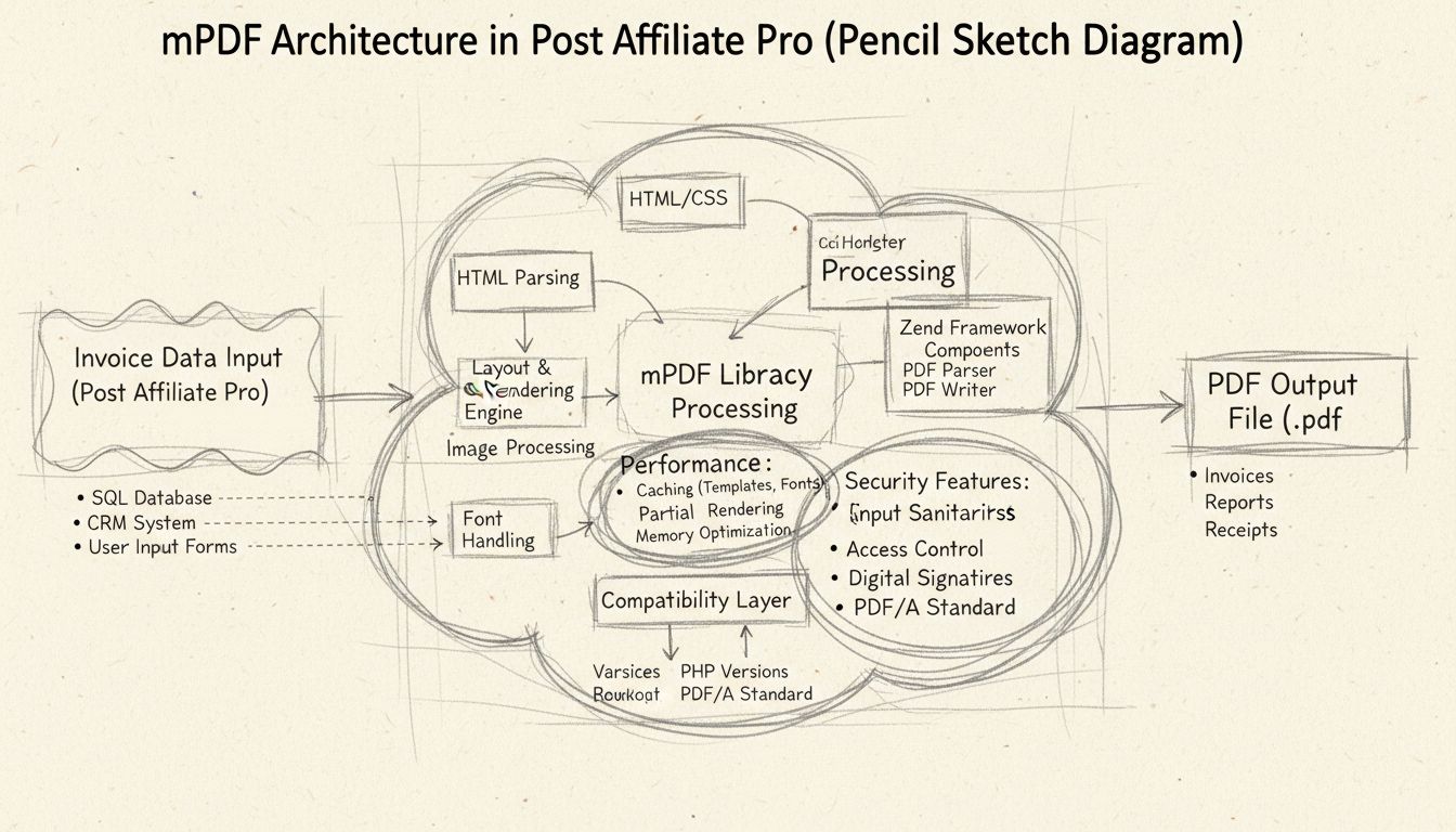 Diagramma dell'architettura della libreria mPDF che mostra il flusso di generazione PDF dai dati della fattura all'output attraverso processi con miglioramenti delle prestazioni e funzionalità di sicurezza