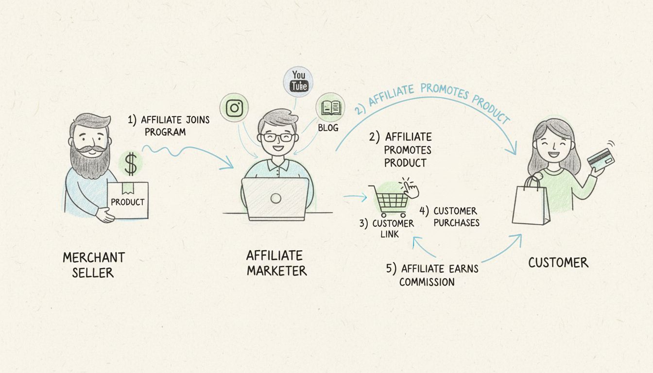 Diagramma del flusso del marketing di affiliazione che mostra commerciante, affiliato, cliente e flusso delle commissioni