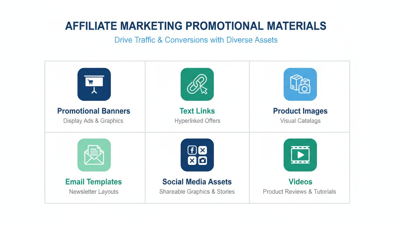 Tipi di materiali promozionali utilizzati nel marketing di affiliazione, tra cui banner, link testuali, immagini di prodotto, template email, asset per social media e video