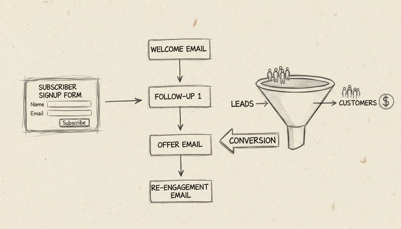 Diagramma del flusso di lavoro di un autoresponder email che mostra iscrizione dell’utente, sequenza email automatizzata e funnel di conversione