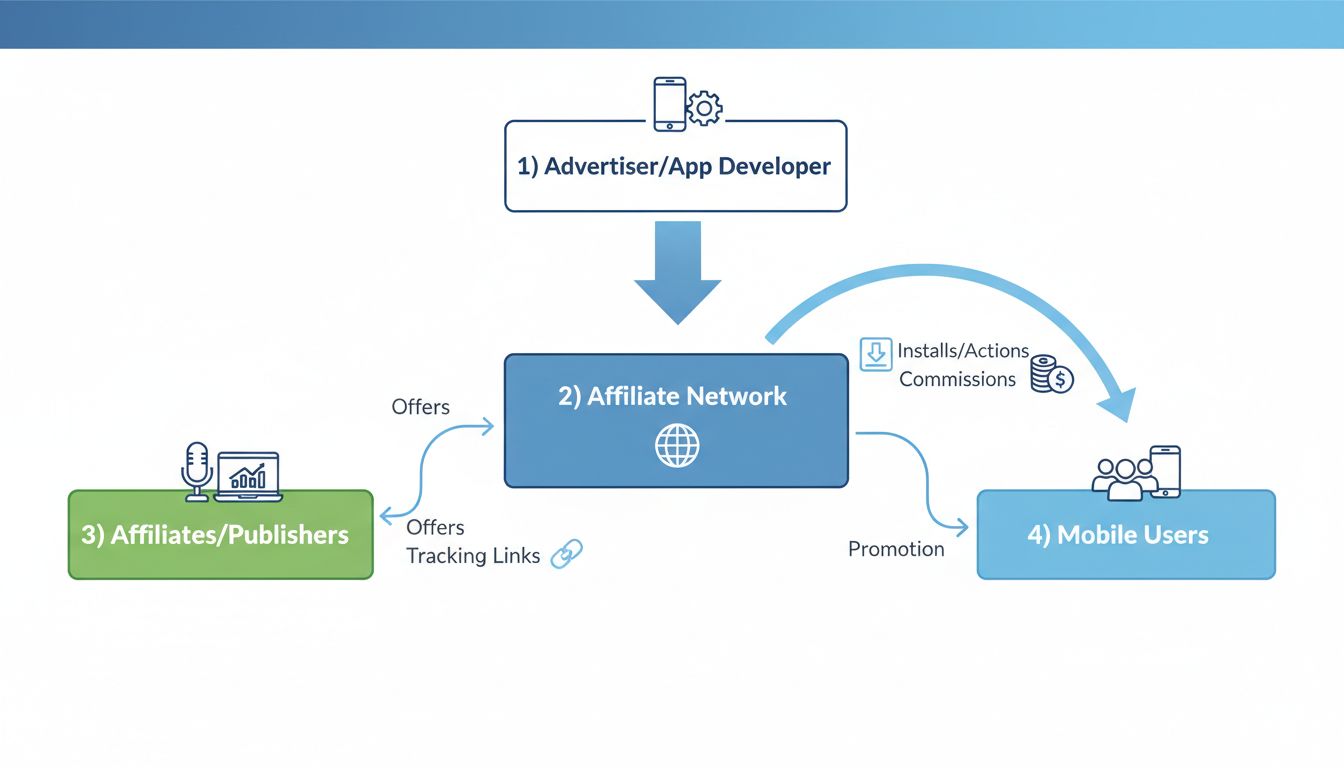 Diagramma dell'ecosistema del mobile affiliate marketing che mostra il flusso tra inserzionisti, reti di affiliazione, affiliati e utenti mobili