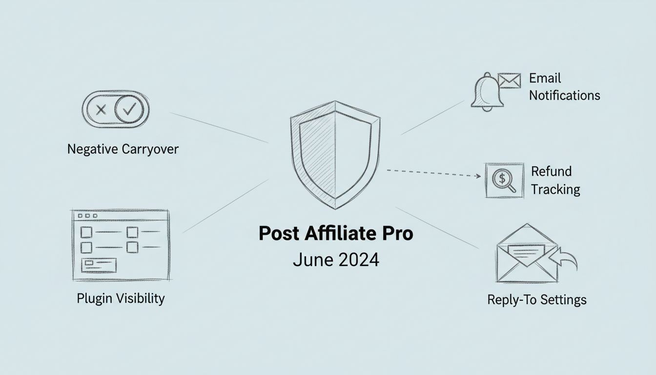 Diagramma delle funzionalità Post Affiliate Pro giugno 2024 con negative carryover, visibilità plugin, notifiche email, tracciamento rimborsi e impostazioni reply-to