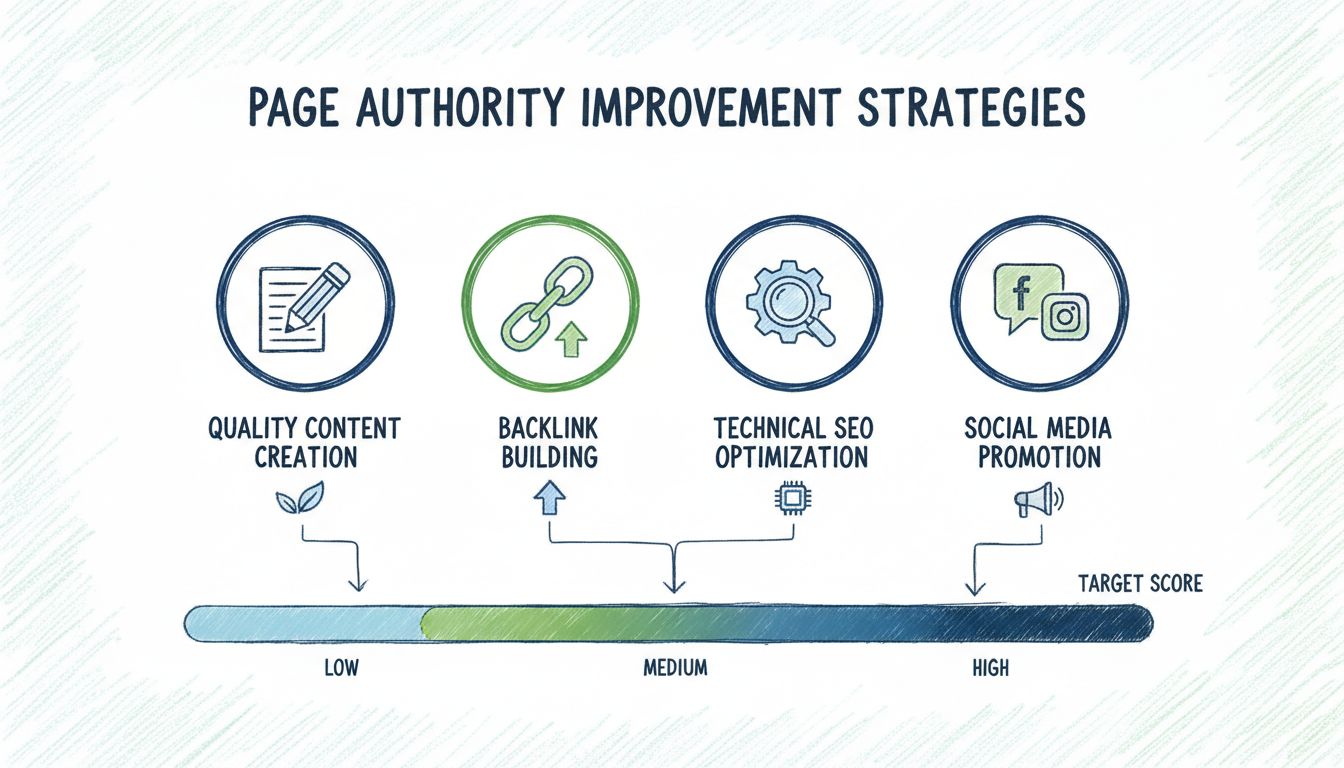 Infografica sulle strategie di miglioramento della Page Authority che mostra creazione di contenuti di qualità, costruzione di backlink, ottimizzazione SEO tecnica e promozione social con scala del punteggio PA