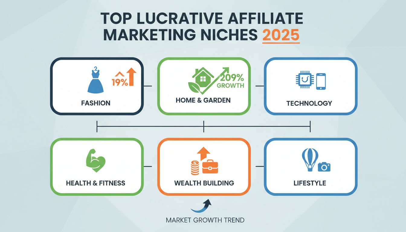 Principali settori redditizi dell'affiliate marketing nel 2025 tra cui moda, casa e giardino, tecnologia, salute e fitness, crescita finanziaria e lifestyle