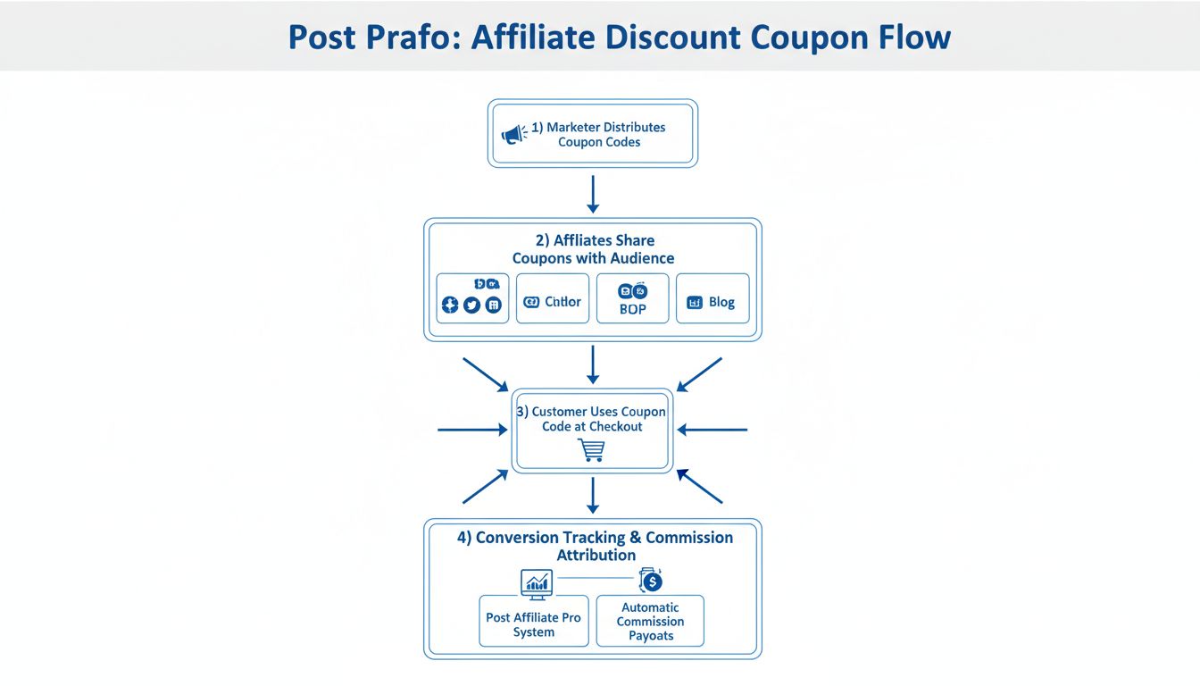 Flusso di lavoro dei coupon sconto affiliato che mostra distribuzione, condivisione, utilizzo e tracciamento delle conversioni