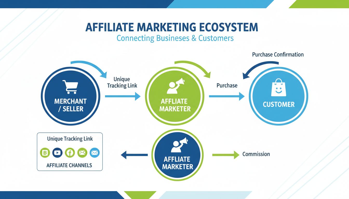 Ecosistema di Affiliate Marketing che mostra le relazioni tra merchant, affiliato marketer e cliente con link di tracciamento e commissioni