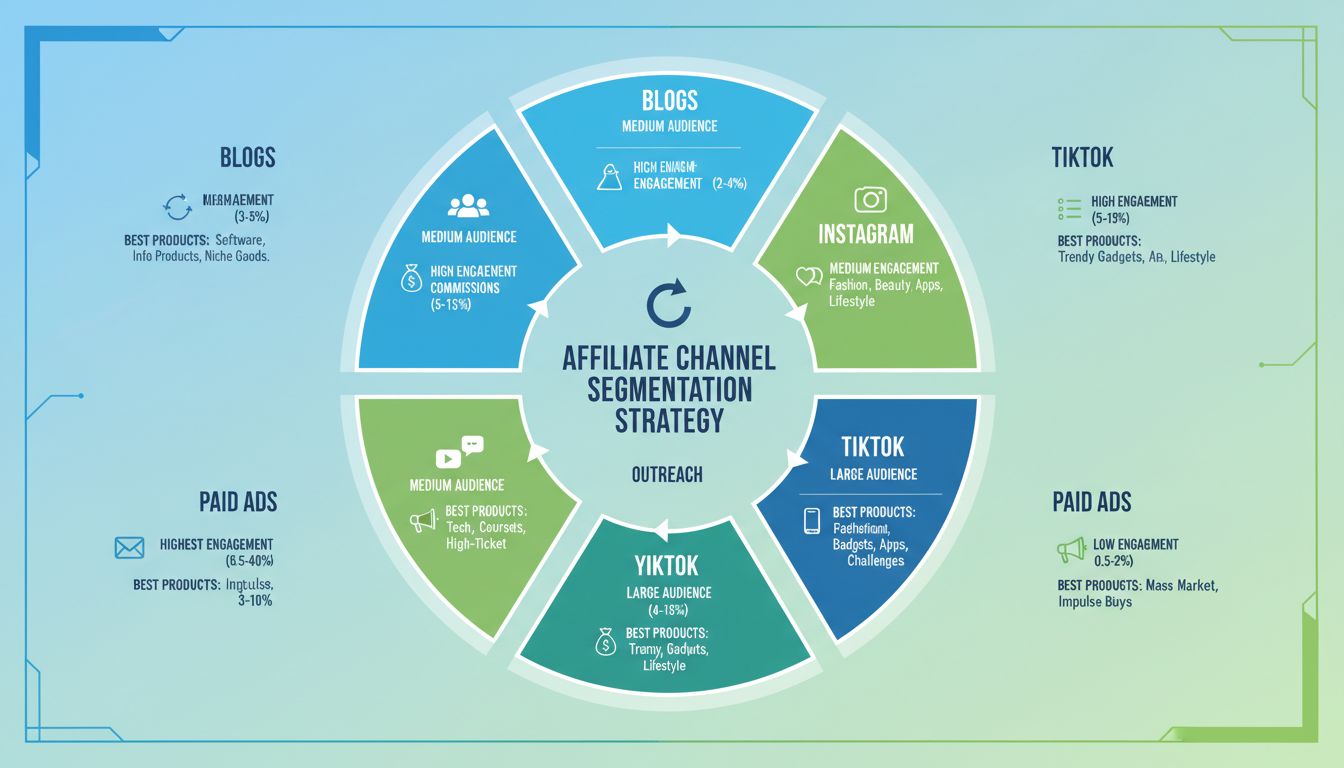 Strategia di segmentazione dei canali affiliati che mostra 6 canali principali con tassi di coinvolgimento e percentuali di commissione