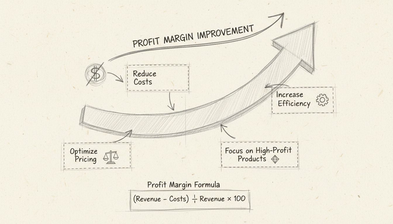 Diagramma delle strategie di miglioramento del margine di profitto che mostra riduzione dei costi, ottimizzazione dei prezzi, miglioramento dell'efficienza e focus su prodotti ad alto margine
