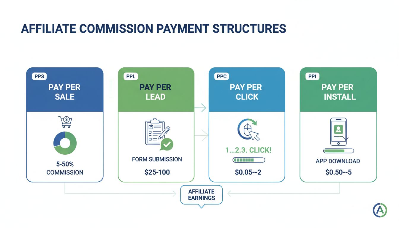 Infografica sulle strutture di pagamento delle commissioni affiliate che mostra i modelli PPS, PPL, PPC e PPI con tassi di commissione