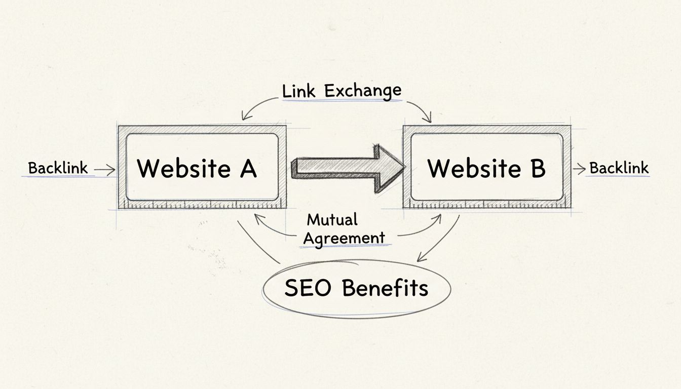 Diagramma disegnato a mano che mostra il collegamento reciproco tra due siti web con frecce bidirezionali ed etichette sui benefici SEO