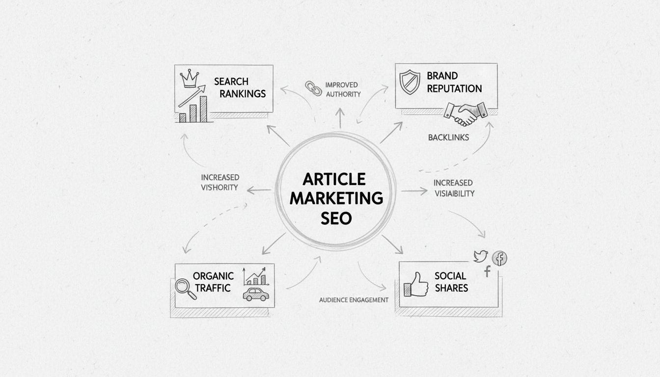 Diagramma disegnato a mano che mostra la strategia SEO del marketing degli articoli con un hub centrale collegato a backlink, reputazione del brand, condivisioni social, traffico organico e posizionamenti nei motori di ricerca