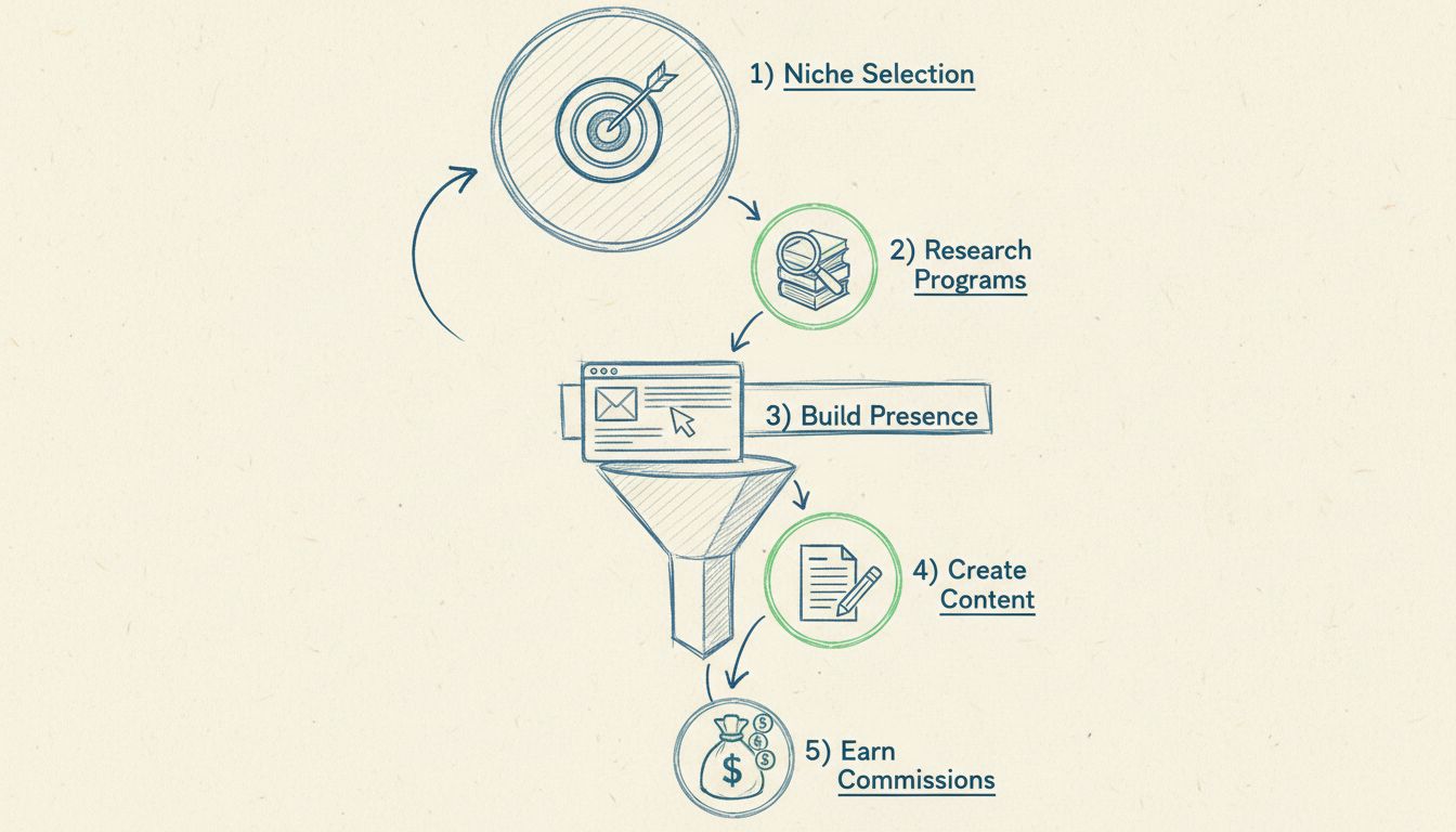 Funnel affiliate marketing high-ticket con 5 fasi: scelta nicchia, ricerca programmi, costruzione presenza, creazione contenuti, guadagno commissioni