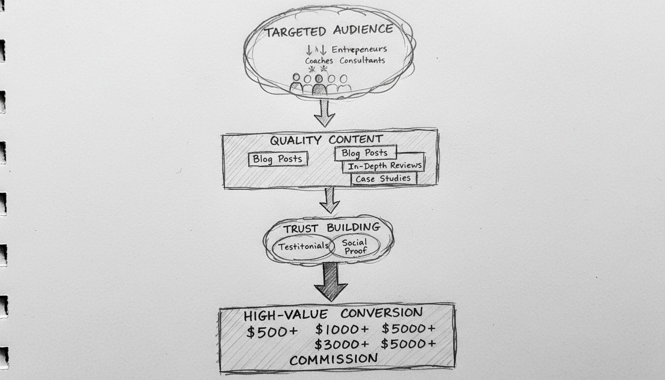 Diagramma a matita del funnel del marketing di affiliazione high-ticket che mostra la progressione dal pubblico targettizzato, attraverso contenuti di qualità e costruzione della fiducia, fino alle conversioni di alto valore