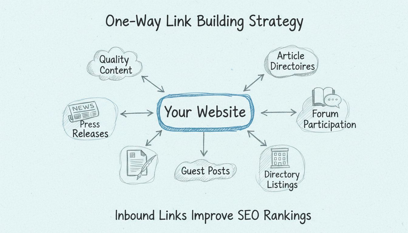 Diagramma della strategia per la costruzione di link a senso unico che mostra link in entrata da contenuti di qualità, directory di articoli, comunicati stampa, partecipazione a forum, guest post e iscrizione a directory