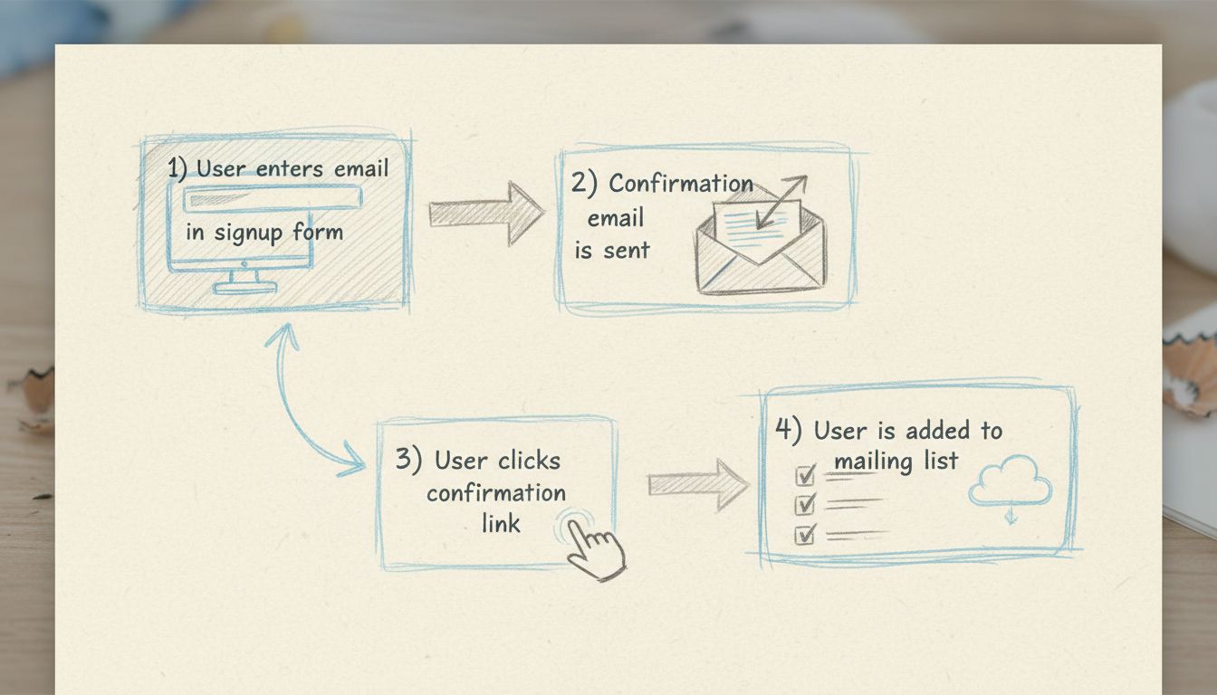 Diagramma del processo di double opt-in nell’email marketing che mostra quattro fasi: inserimento email utente, invio email di conferma, clic sul link di conferma, aggiunta alla mailing list