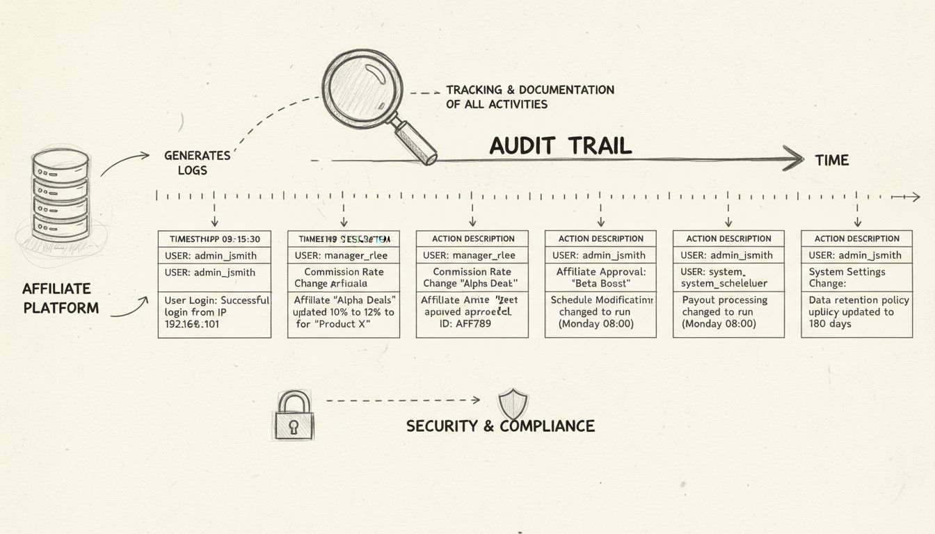 Schema disegnato a mano che mostra una timeline del registro di controllo con registrazioni cronologiche delle attività di un programma di affiliazione, inclusi login utenti, cambi commissioni, approvazioni affiliati e modifiche di sistema