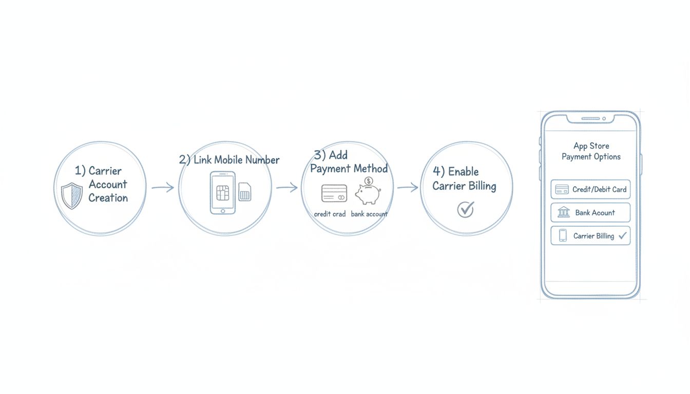Diagramma del processo di configurazione della fatturazione mobile che mostra quattro passaggi: creazione dell’account operatore, collegamento numero mobile, aggiunta metodo di pagamento ed abilitazione della fatturazione mobile