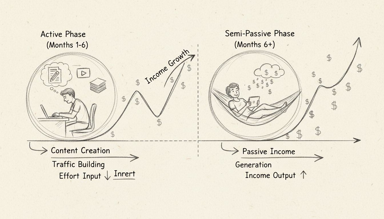 Diagramma a mano libera che mostra la progressione del marketing di affiliazione dalla fase attiva con creazione di contenuti alla fase semi-passiva con generazione di reddito ricorrente