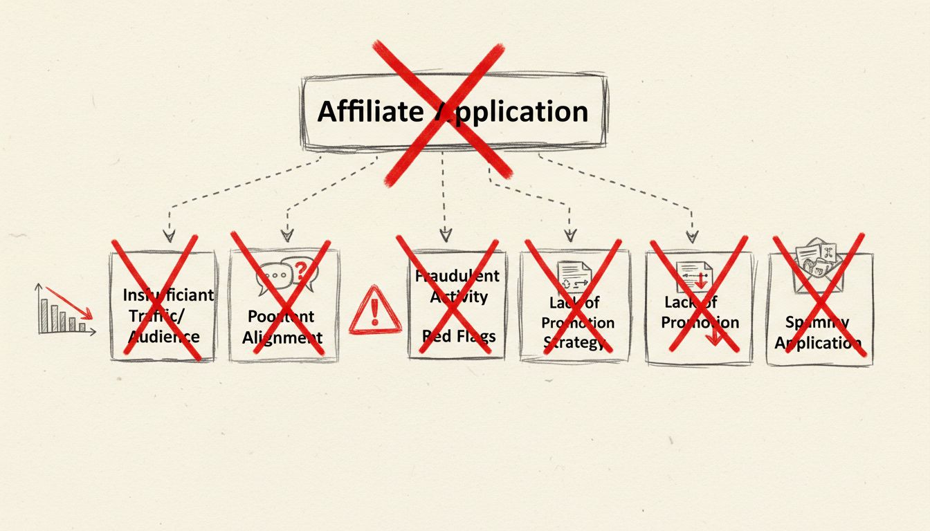 Schema dei motivi di rifiuto delle reti di affiliazione che mostra traffico insufficiente, scarso allineamento dei contenuti, attività fraudolente, assenza di strategia promozionale e candidature di bassa qualità