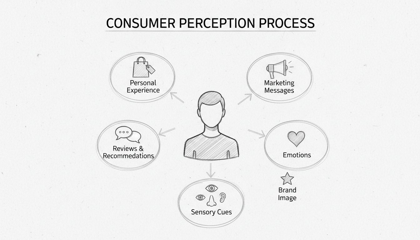 Diagramma del processo di percezione del consumatore che mostra come esperienza personale, messaggi di marketing, recensioni, emozioni, segnali sensoriali e immagine del brand influenzano la percezione del cliente