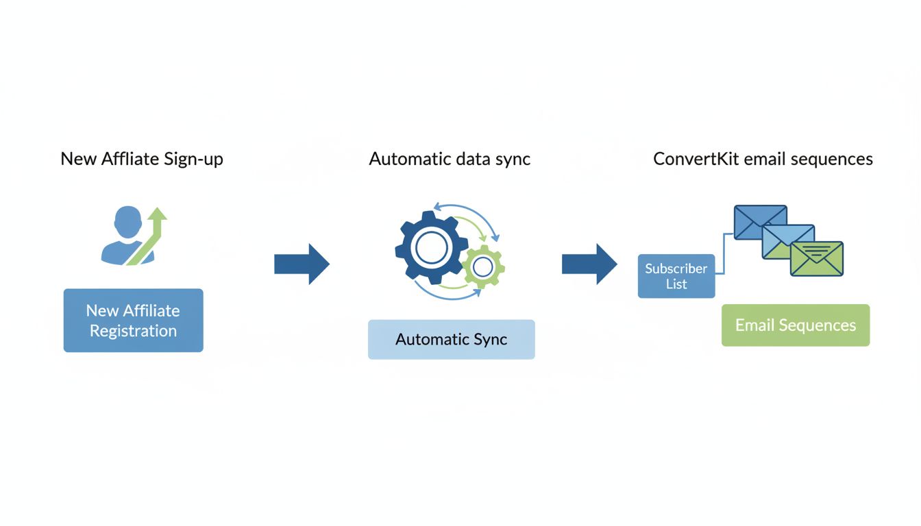 Flusso di lavoro dell'integrazione ConvertKit che mostra la registrazione automatica degli affiliati, la sincronizzazione dei dati e l'automazione delle sequenze email