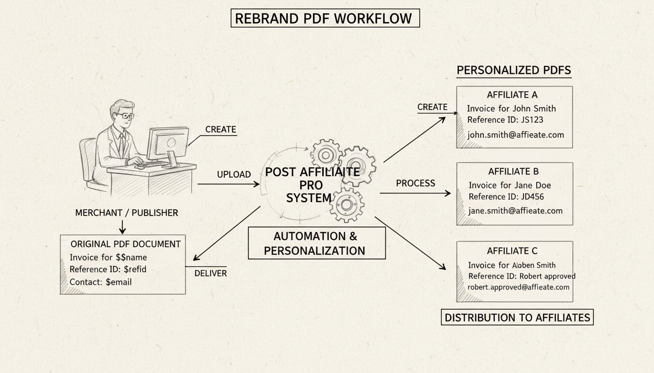 Diagramma del flusso di lavoro di Rebrand PDF che mostra come i merchant creano PDF con variabili che vengono personalizzate automaticamente per ogni affiliato